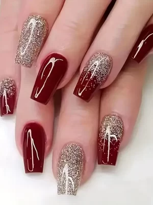 24pcs Glossy Long Ballerina With Golden Glitter Design, Sparkling Full Cover