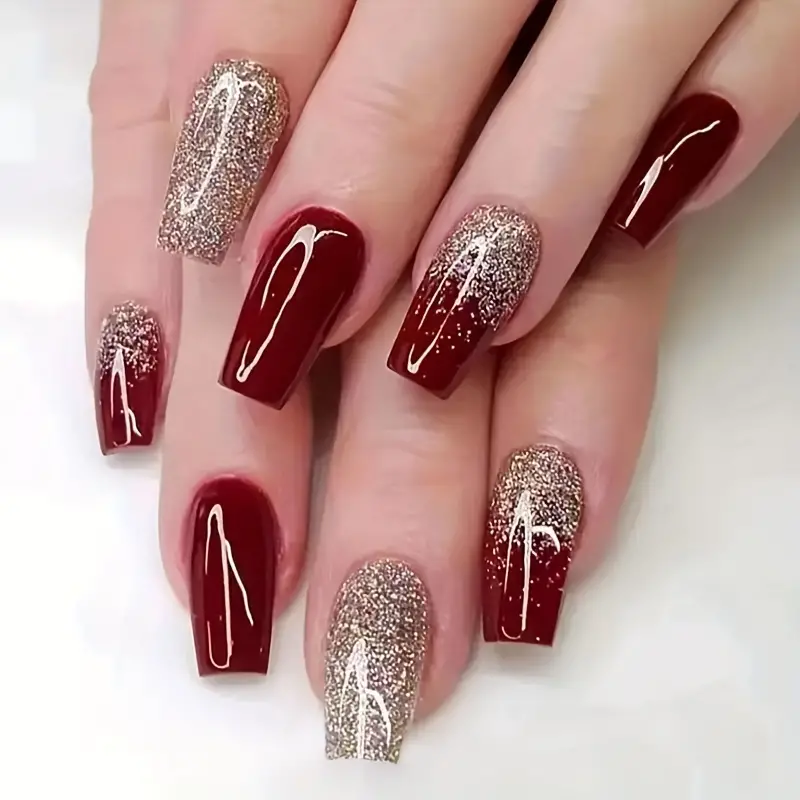 24pcs Glossy Long Ballerina With Golden Glitter Design, Sparkling Full Cover