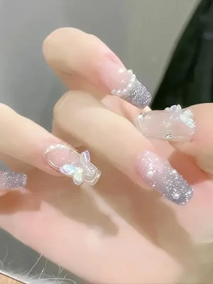 24 Pcs Silver Glitter Butterfly Pearly Fake Nails With Aurora Bow Decals