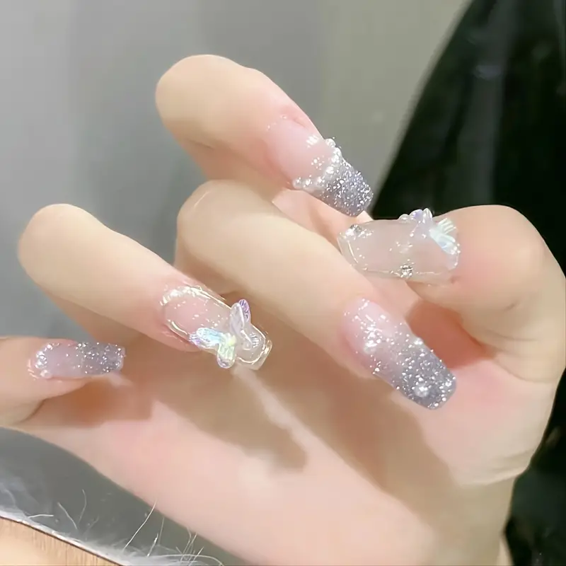 24 Pcs Silver Glitter Butterfly Pearly Fake Nails With Aurora Bow Decals