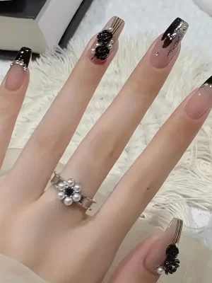 24 pcs Glossy Nude Pink Heart Press On Nails with Water Drop Rhinestones