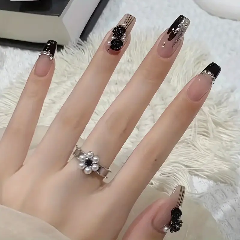 24 pcs Glossy Nude Pink Heart Press On Nails with Water Drop Rhinestones