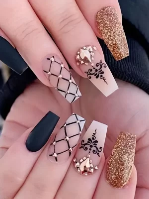 24 stk Golden Glitter kistepress på negler med rhinestones og rutete design