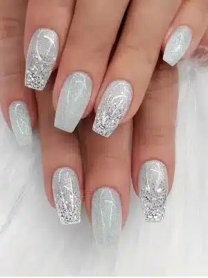 24 stk Sølvfarget glitter falske negler, skinnende paljett gradient