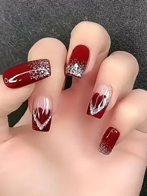 24pcs Christmas French Press On Nails Square Glossy Wine Red