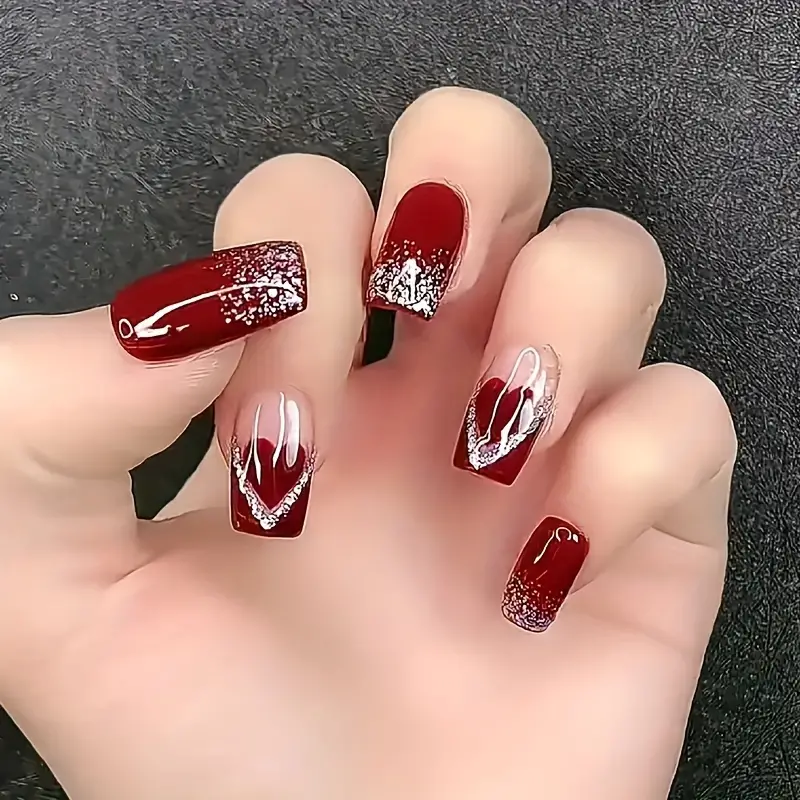 24pcs Christmas French Press On Nails Square Glossy Wine Red