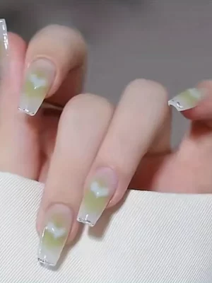24pcs Fake Nail With Green Heart Decor