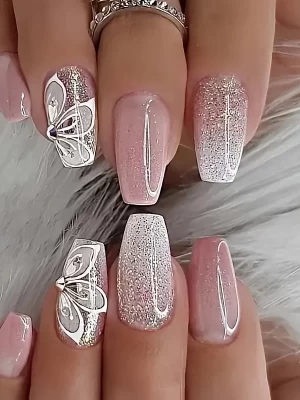24pcs Glossy Long Ballet Fake Nails, Gradient Pinkish