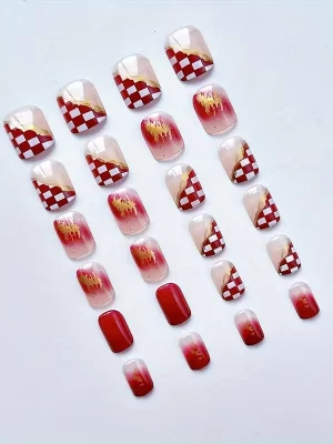 24pcs Glossy Short Square Fake Nails, Brown White Checkerboard And Golden Foil With Design