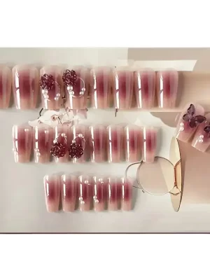 24pcs Medium Coffin Fake Nails With 3D Camellia And Butterfly