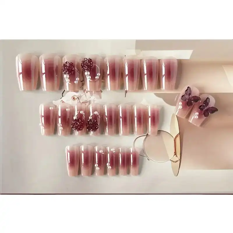 24pcs Medium Coffin Fake Nails With 3D Camellia And Butterfly