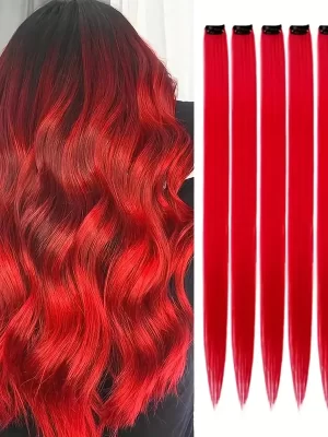 6 Stk Colored Hair Extensions Hairpieces - Rød