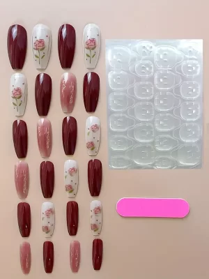 24pcs Glossy Long Coffin Fake Nails, Red-brown Gradient