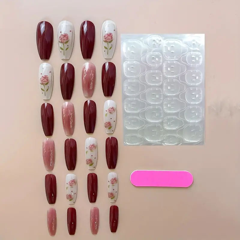 24pcs Glossy Long Coffin Fake Nails, Red-brown Gradient