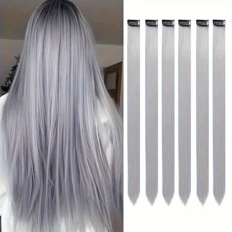 6 Stk Colored Hair Extensions Hairpieces - Grå