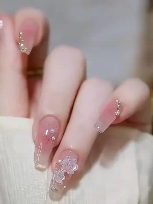 24 Pcs 3D Camellia Press On Nails Glossy Fake Nails With Shiny Decor