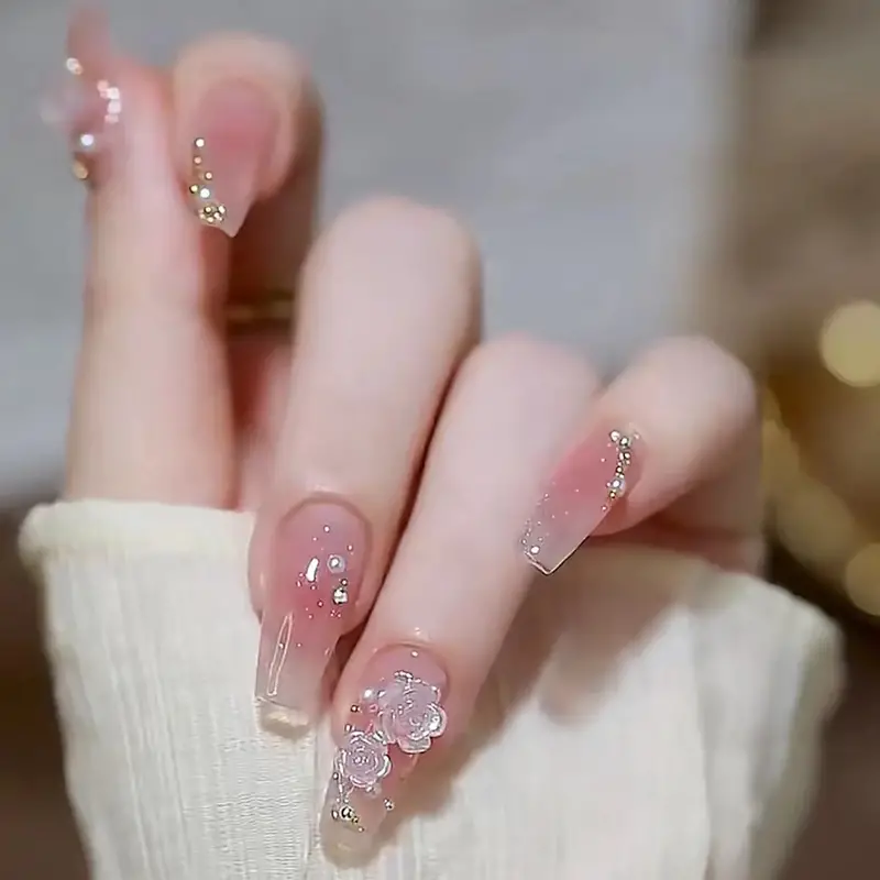 24 Pcs 3D Camellia Press On Nails Glossy Fake Nails With Shiny Decor