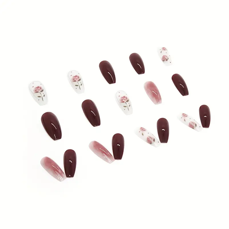 Ombre Red Press On Nails With Rose Flower Design, Vintage Full Cover