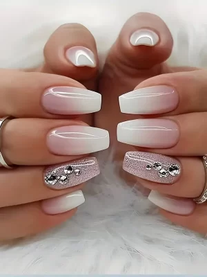 24pcs Glossy Pink Gradient Press On Nails with Rhinestones