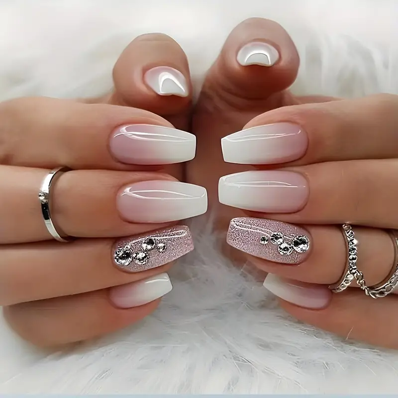 24pcs Glossy Pink Gradient Press On Nails with Rhinestones