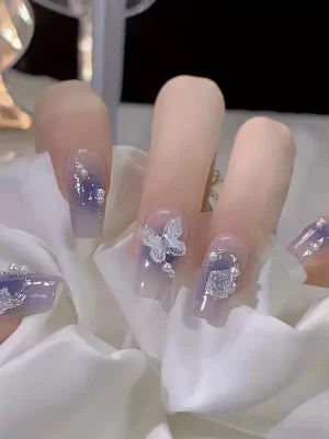 Fake Nail With Transparent Butterfly Design, Glossy Full Cover