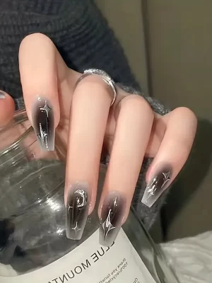 Y2K Gradient Black Press On Nails With Silvery Cross Star And Moon Design