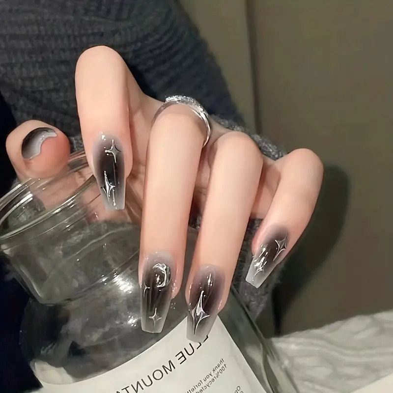 Y2K Gradient Black Press On Nails With Silvery Cross Star And Moon Design