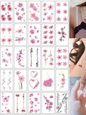 30Pcs Set Temporary Tattoo, Pink Sakura Petal Tattoo Stickers  A