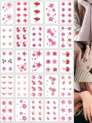 30Pcs Set Temporary Tattoo, Pink Sakura Petal Tattoo Stickers B