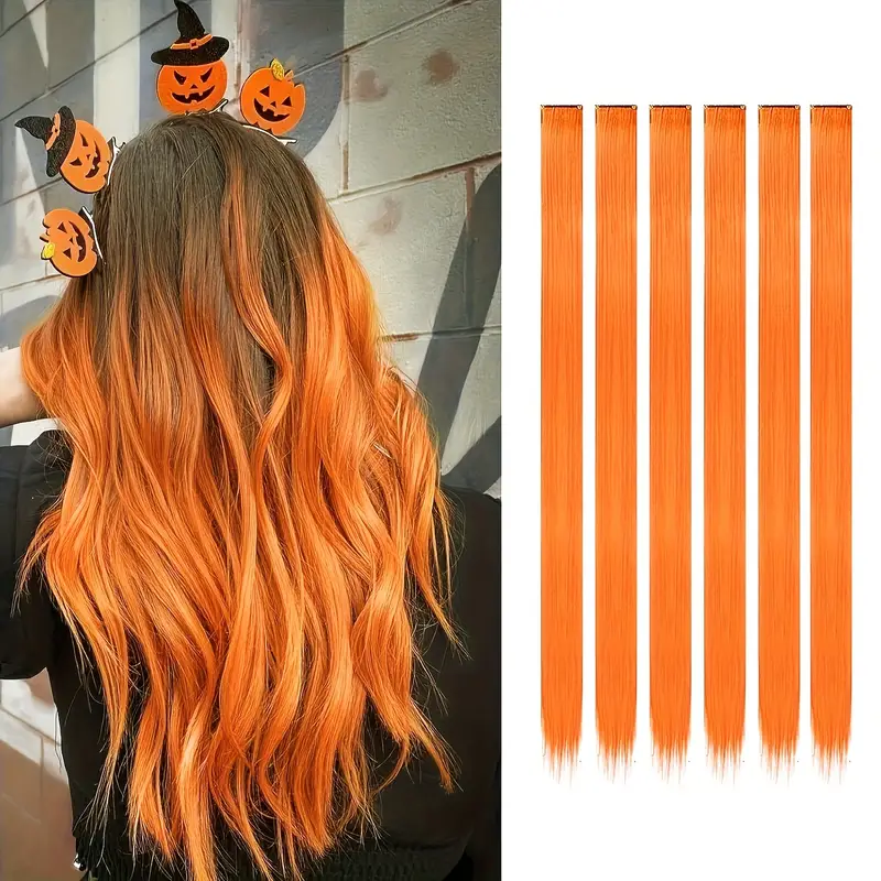 6 Stk Colored Hair Extensions Hairpieces - Oransje rød