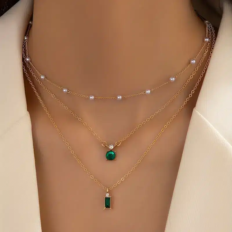 Genserkjede Creative Retro Imitation Emerald Faux Pearl Chain Flerlags halskjede